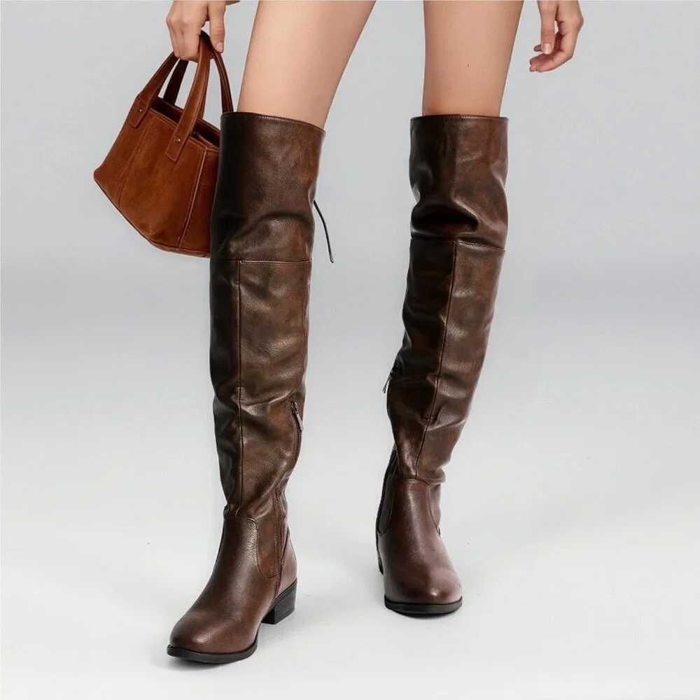 Women's Brown Textile Over The Knee High Low Block Heel Pointed Toe Riding Boots
